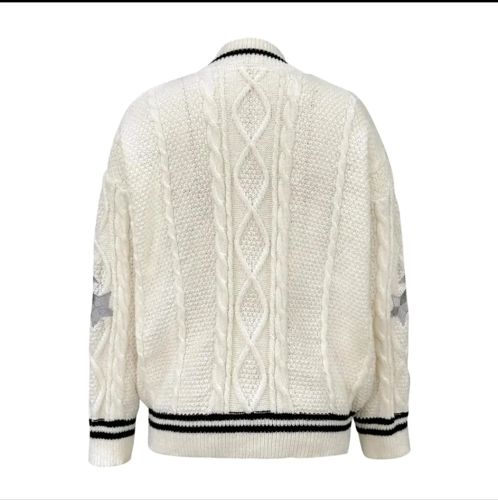 Oversized Cream Cable Knit Cardigan Sweater with Embroidery Star Design - NIP
